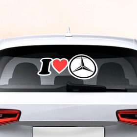 Наклейка на авто - для заднего стекла с принтом I love Mercedes в Петрозаводске, ПВХ | Точные размеры наклейки зависят от выбранного изображения (ширина не больше 75 мм, высота не больше 45 мм) | автобренд | лого | машина | мерседес | я люблю