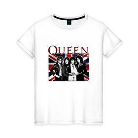 Женская футболка хлопок с принтом Queen band в Петрозаводске, 100% хлопок | прямой крой, круглый вырез горловины, длина до линии бедер, слегка спущенное плечо | england | freddie | mercury | queen   легендарная рок группаqueen | фредди меркьури