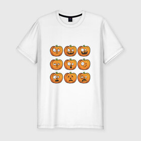 Мужская футболка премиум с принтом Набор тыкв (Хеллоуин) в Петрозаводске, 92% хлопок, 8% лайкра | приталенный силуэт, круглый вырез ворота, длина до линии бедра, короткий рукав | halloween | мистика | смайл | тыква | ужас | хеллоуин