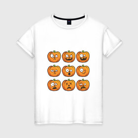 Женская футболка хлопок с принтом Набор тыкв (Хеллоуин) в Петрозаводске, 100% хлопок | прямой крой, круглый вырез горловины, длина до линии бедер, слегка спущенное плечо | halloween | мистика | смайл | тыква | ужас | хеллоуин