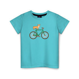 Детская футболка хлопок с принтом Корги на велосипеде в Петрозаводске, 100% хлопок | круглый вырез горловины, полуприлегающий силуэт, длина до линии бедер | Тематика изображения на принте: велосипед | корги | собака
