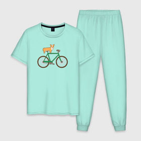 Мужская пижама хлопок с принтом Корги на велосипеде в Петрозаводске, 100% хлопок | брюки и футболка прямого кроя, без карманов, на брюках мягкая резинка на поясе и по низу штанин
 | Тематика изображения на принте: велосипед | корги | собака