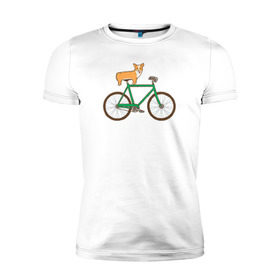 Мужская футболка премиум с принтом Корги на велосипеде в Петрозаводске, 92% хлопок, 8% лайкра | приталенный силуэт, круглый вырез ворота, длина до линии бедра, короткий рукав | велосипед | корги | собака