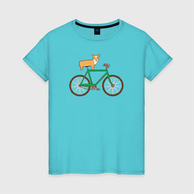Женская футболка хлопок с принтом Корги на велосипеде в Петрозаводске, 100% хлопок | прямой крой, круглый вырез горловины, длина до линии бедер, слегка спущенное плечо | Тематика изображения на принте: велосипед | корги | собака