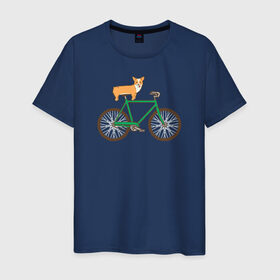 Мужская футболка хлопок с принтом Корги на велосипеде в Петрозаводске, 100% хлопок | прямой крой, круглый вырез горловины, длина до линии бедер, слегка спущенное плечо. | Тематика изображения на принте: велосипед | корги | собака