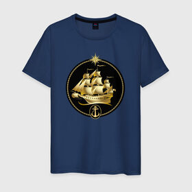 Мужская футболка хлопок с принтом Золотой парусник в Петрозаводске, 100% хлопок | прямой крой, круглый вырез горловины, длина до линии бедер, слегка спущенное плечо. | золото | золотой парусникморяк | корабль | море | парусник | якорь