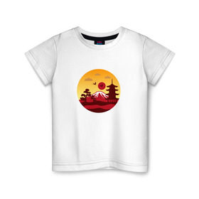 Детская футболка хлопок с принтом Японский пейзаж в Петрозаводске, 100% хлопок | круглый вырез горловины, полуприлегающий силуэт, длина до линии бедер | Тематика изображения на принте: горы | япония | японский пейзажпейзаж