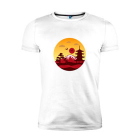 Мужская футболка премиум с принтом Японский пейзаж в Петрозаводске, 92% хлопок, 8% лайкра | приталенный силуэт, круглый вырез ворота, длина до линии бедра, короткий рукав | Тематика изображения на принте: горы | япония | японский пейзажпейзаж