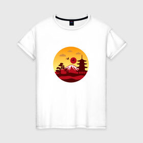 Женская футболка хлопок с принтом Японский пейзаж в Петрозаводске, 100% хлопок | прямой крой, круглый вырез горловины, длина до линии бедер, слегка спущенное плечо | Тематика изображения на принте: горы | япония | японский пейзажпейзаж