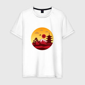 Мужская футболка хлопок с принтом Японский пейзаж в Петрозаводске, 100% хлопок | прямой крой, круглый вырез горловины, длина до линии бедер, слегка спущенное плечо. | Тематика изображения на принте: горы | япония | японский пейзажпейзаж