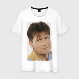 Мужская футболка хлопок с принтом Чарли Шин (Charlie Sheen) в Петрозаводске, 100% хлопок | прямой крой, круглый вырез горловины, длина до линии бедер, слегка спущенное плечо. | charlie sheen | кинозвезда | ситком | чарли шин