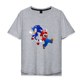 Мужская футболка хлопок Oversize с принтом Sonic and Mario в Петрозаводске, 100% хлопок | свободный крой, круглый ворот, “спинка” длиннее передней части | nintendo | марио | нинтендо