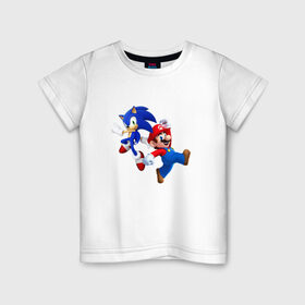 Детская футболка хлопок с принтом Sonic and Mario в Петрозаводске, 100% хлопок | круглый вырез горловины, полуприлегающий силуэт, длина до линии бедер | nintendo | марио | нинтендо