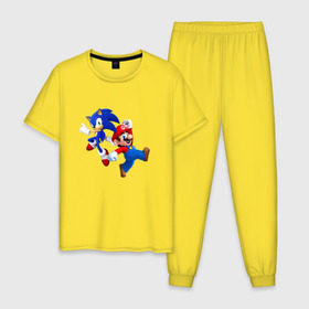 Мужская пижама хлопок с принтом Sonic and Mario в Петрозаводске, 100% хлопок | брюки и футболка прямого кроя, без карманов, на брюках мягкая резинка на поясе и по низу штанин
 | nintendo | марио | нинтендо
