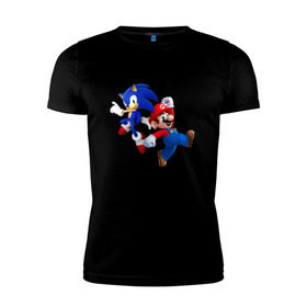 Мужская футболка премиум с принтом Sonic and Mario в Петрозаводске, 92% хлопок, 8% лайкра | приталенный силуэт, круглый вырез ворота, длина до линии бедра, короткий рукав | nintendo | марио | нинтендо
