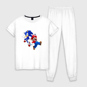 Женская пижама хлопок с принтом Sonic and Mario в Петрозаводске, 100% хлопок | брюки и футболка прямого кроя, без карманов, на брюках мягкая резинка на поясе и по низу штанин | nintendo | марио | нинтендо