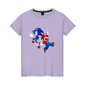 Женская футболка хлопок с принтом Sonic and Mario в Петрозаводске, 100% хлопок | прямой крой, круглый вырез горловины, длина до линии бедер, слегка спущенное плечо | nintendo | марио | нинтендо