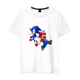 Мужская футболка хлопок с принтом Sonic and Mario в Петрозаводске, 100% хлопок | прямой крой, круглый вырез горловины, длина до линии бедер, слегка спущенное плечо. | nintendo | марио | нинтендо