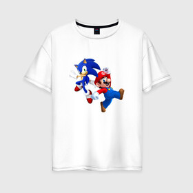 Женская футболка хлопок Oversize с принтом Sonic and Mario в Петрозаводске, 100% хлопок | свободный крой, круглый ворот, спущенный рукав, длина до линии бедер
 | nintendo | марио | нинтендо
