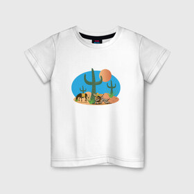 Детская футболка хлопок с принтом Мексиканский пейзаж в Петрозаводске, 100% хлопок | круглый вырез горловины, полуприлегающий силуэт, длина до линии бедер | кактус | мексика | мексиканский пейзажпейзаж