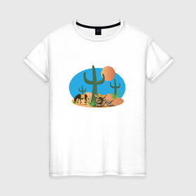 Женская футболка хлопок с принтом Мексиканский пейзаж в Петрозаводске, 100% хлопок | прямой крой, круглый вырез горловины, длина до линии бедер, слегка спущенное плечо | кактус | мексика | мексиканский пейзажпейзаж
