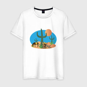 Мужская футболка хлопок с принтом Мексиканский пейзаж в Петрозаводске, 100% хлопок | прямой крой, круглый вырез горловины, длина до линии бедер, слегка спущенное плечо. | кактус | мексика | мексиканский пейзажпейзаж