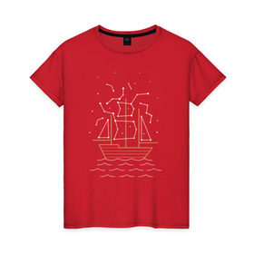 Женская футболка хлопок с принтом Звездный корабль в Петрозаводске, 100% хлопок | прямой крой, круглый вырез горловины, длина до линии бедер, слегка спущенное плечо | волны | звезды | корабль | море | паруса | созвездия