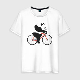 Мужская футболка хлопок с принтом Панда на велосипеде в Петрозаводске, 100% хлопок | прямой крой, круглый вырез горловины, длина до линии бедер, слегка спущенное плечо. | панда