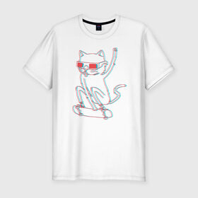 Мужская футболка премиум с принтом Кот скейтбордист в Петрозаводске, 92% хлопок, 8% лайкра | приталенный силуэт, круглый вырез ворота, длина до линии бедра, короткий рукав | борд | кот | кошки | очки | скейтборд | стерео | экстрим