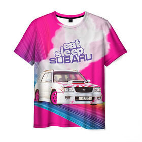 Мужская футболка 3D с принтом Subaru в Петрозаводске, 100% полиэфир | прямой крой, круглый вырез горловины, длина до линии бедер | drag | eat | ej20 | forester | jdm | rainbow | sf5 | sleep | subaru | субару | супердрифтбитва | форестер