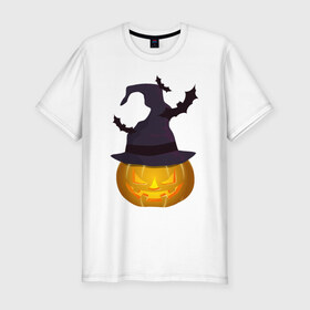 Мужская футболка премиум с принтом Тыква в колпаке в Петрозаводске, 92% хлопок, 8% лайкра | приталенный силуэт, круглый вырез ворота, длина до линии бедра, короткий рукав | halloween | колпак | мистика | тыква | ужас | хеллоуин