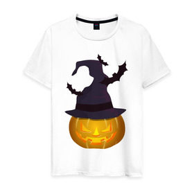 Мужская футболка хлопок с принтом Тыква в колпаке в Петрозаводске, 100% хлопок | прямой крой, круглый вырез горловины, длина до линии бедер, слегка спущенное плечо. | halloween | колпак | мистика | тыква | ужас | хеллоуин
