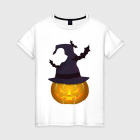 Женская футболка хлопок с принтом Тыква в колпаке в Петрозаводске, 100% хлопок | прямой крой, круглый вырез горловины, длина до линии бедер, слегка спущенное плечо | halloween | колпак | мистика | тыква | ужас | хеллоуин