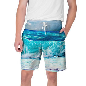 Мужские шорты 3D с принтом Волны в Петрозаводске,  полиэстер 100% | прямой крой, два кармана без застежек по бокам. Мягкая трикотажная резинка на поясе, внутри которой широкие завязки. Длина чуть выше колен | Тематика изображения на принте: берег | вода | волны | море | пейзаж | прилив