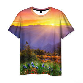 Мужская футболка 3D с принтом Природа в Петрозаводске, 100% полиэфир | прямой крой, круглый вырез горловины, длина до линии бедер | Тематика изображения на принте: горы | закат | облака | пейзаж