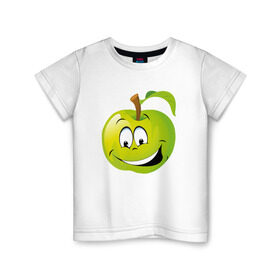 Детская футболка хлопок с принтом Яблоко в Петрозаводске, 100% хлопок | круглый вырез горловины, полуприлегающий силуэт, длина до линии бедер | Тематика изображения на принте: смайлик | улыбка | фрукты | яблоко | яблокосмайл