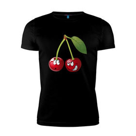 Мужская футболка премиум с принтом Вишня в Петрозаводске, 92% хлопок, 8% лайкра | приталенный силуэт, круглый вырез ворота, длина до линии бедра, короткий рукав | вишнявишня | смайл | смайлик | улыбка | фрукты