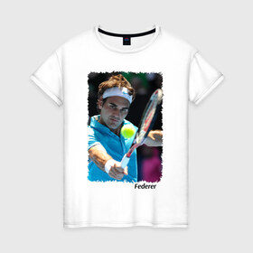 Женская футболка хлопок с принтом Роджер Федерер в Петрозаводске, 100% хлопок | прямой крой, круглый вырез горловины, длина до линии бедер, слегка спущенное плечо | roger federer | роджер федерер | теннис | чампион