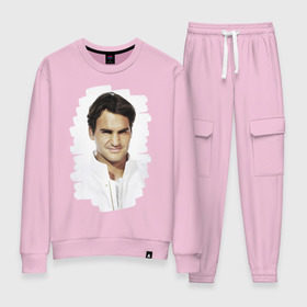 Женский костюм хлопок с принтом Roger Federer в Петрозаводске, 100% хлопок | на свитшоте круглая горловина, мягкая резинка по низу. Брюки заужены к низу, на них два вида карманов: два 