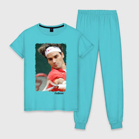 Женская пижама хлопок с принтом Роджер Федерер в Петрозаводске, 100% хлопок | брюки и футболка прямого кроя, без карманов, на брюках мягкая резинка на поясе и по низу штанин | roger federer | роджер федерер | теннис | чемпион