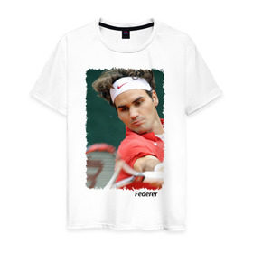Мужская футболка хлопок с принтом Роджер Федерер в Петрозаводске, 100% хлопок | прямой крой, круглый вырез горловины, длина до линии бедер, слегка спущенное плечо. | roger federer | роджер федерер | теннис | чемпион
