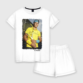 Женская пижама с шортиками хлопок с принтом Рафаэль Надаль в Петрозаводске, 100% хлопок | футболка прямого кроя, шорты свободные с широкой мягкой резинкой | rafael nadal | рафаэль надаль | теннис | чемпион