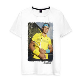 Мужская футболка хлопок с принтом Рафаэль Надаль в Петрозаводске, 100% хлопок | прямой крой, круглый вырез горловины, длина до линии бедер, слегка спущенное плечо. | rafael nadal | рафаэль надаль | теннис | чемпион