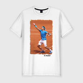 Мужская футболка премиум с принтом Рафаэль Надаль (подача) в Петрозаводске, 92% хлопок, 8% лайкра | приталенный силуэт, круглый вырез ворота, длина до линии бедра, короткий рукав | rafael nadal | рафаэль надаль | теннис | чемпион