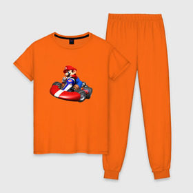 Женская пижама хлопок с принтом Mario Kart в Петрозаводске, 100% хлопок | брюки и футболка прямого кроя, без карманов, на брюках мягкая резинка на поясе и по низу штанин | nintendo | карт | марио | нинтендо