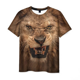Мужская футболка 3D с принтом Лев в Петрозаводске, 100% полиэфир | прямой крой, круглый вырез горловины, длина до линии бедер | животные | злой лев | зубы | лев | оскал
