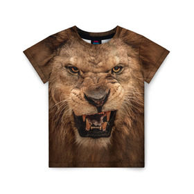 Детская футболка 3D с принтом Лев в Петрозаводске, 100% гипоаллергенный полиэфир | прямой крой, круглый вырез горловины, длина до линии бедер, чуть спущенное плечо, ткань немного тянется | Тематика изображения на принте: животные | злой лев | зубы | лев | оскал