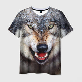 Мужская футболка 3D с принтом Волк в Петрозаводске, 100% полиэфир | прямой крой, круглый вырез горловины, длина до линии бедер | волк | животные | злой волк | зубы | оскал