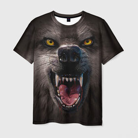 Мужская футболка 3D с принтом Злой волк в Петрозаводске, 100% полиэфир | прямой крой, круглый вырез горловины, длина до линии бедер | Тематика изображения на принте: волк | животные | злой волк | зубы | оскал