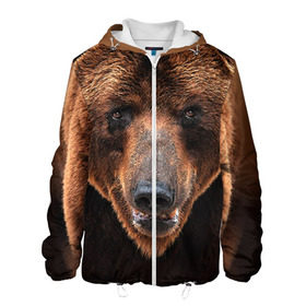 Мужская куртка 3D с принтом Медведь в Петрозаводске, ткань верха — 100% полиэстер, подклад — флис | прямой крой, подол и капюшон оформлены резинкой с фиксаторами, два кармана без застежек по бокам, один большой потайной карман на груди. Карман на груди застегивается на липучку | бурый | гризли | животные | медведь | мишка